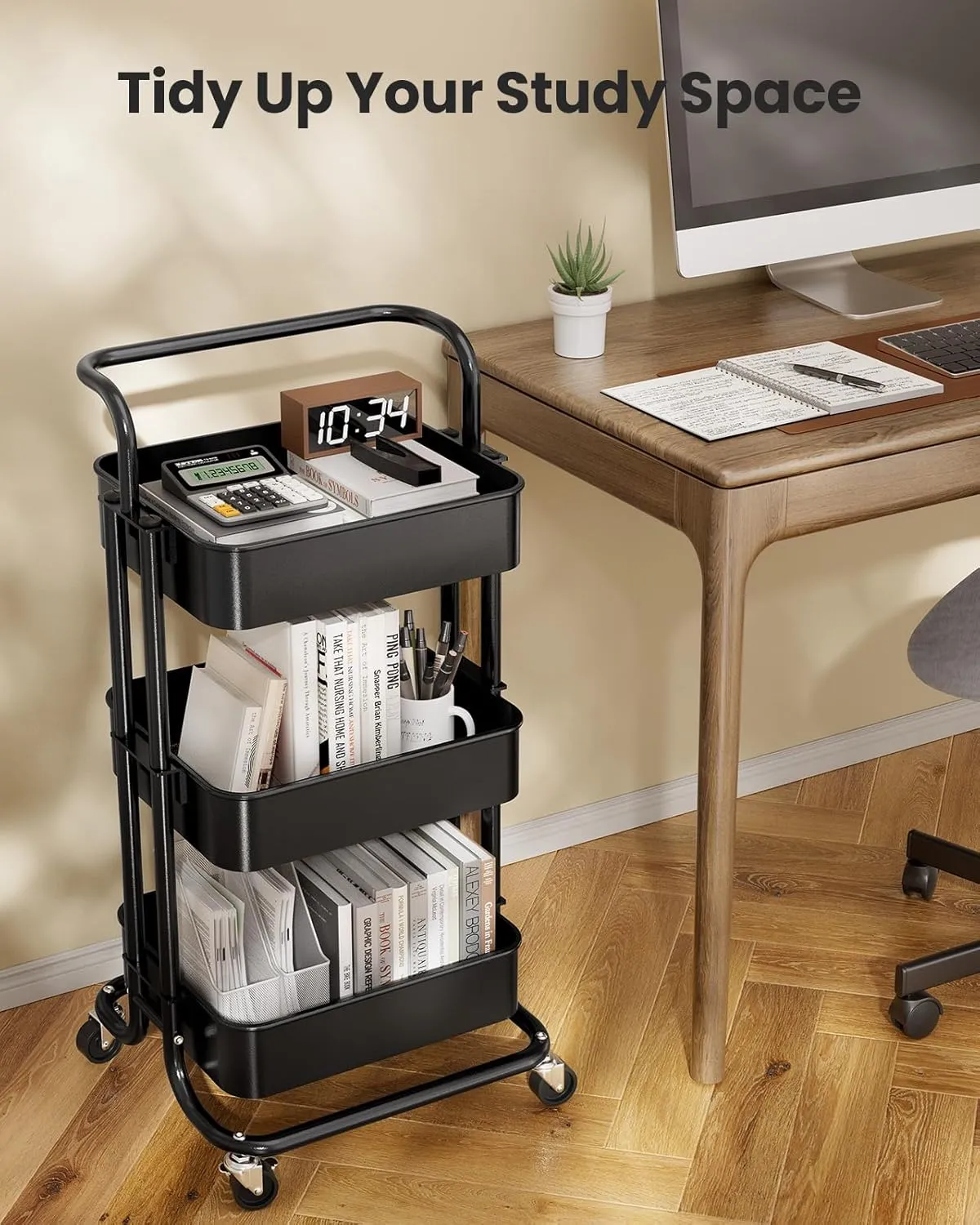 Pipishell 3 Tier Mesh Utility Cart, Rolling Metal Organization Cart with Handle and Lockable Wheels, Multifunctional Storage Shelves for Kitchen Living Room Office Black