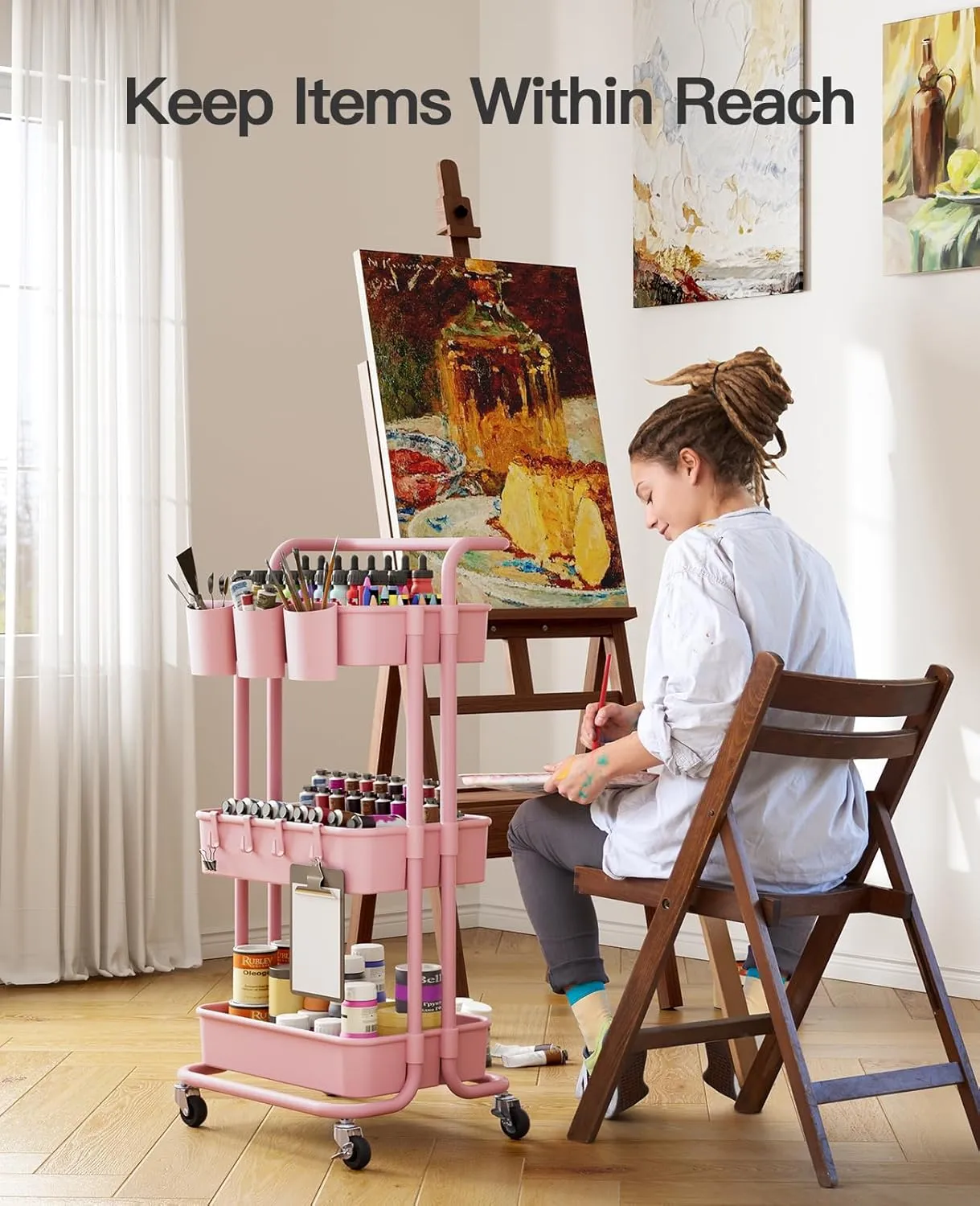 Pipishell 3-Tier Rolling Cart with Wheels, 3 Hanging Cups & 4 Hooks, Mobile Art & Craft Cart Organizer for Office, Kitchen, Craft Room, Pink, PIUC06P