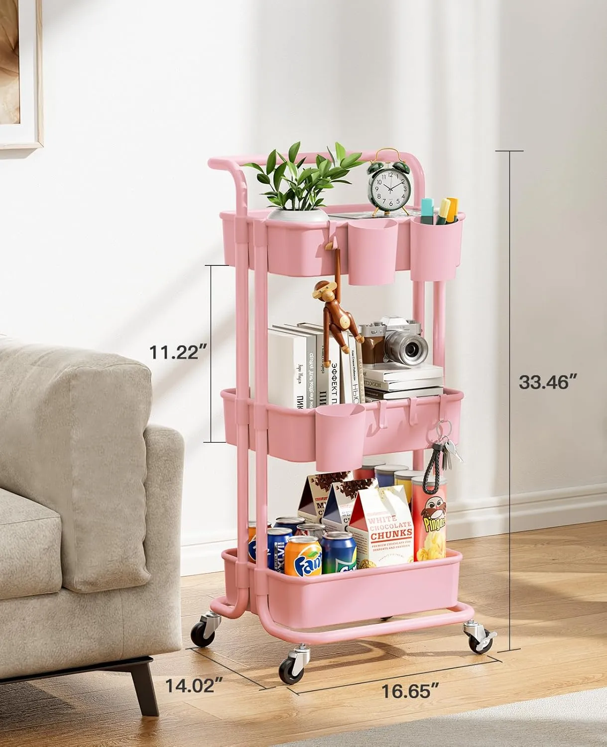 Pipishell 3-Tier Rolling Cart with Wheels, 3 Hanging Cups & 4 Hooks, Mobile Art & Craft Cart Organizer for Office, Kitchen, Craft Room, Pink, PIUC06P