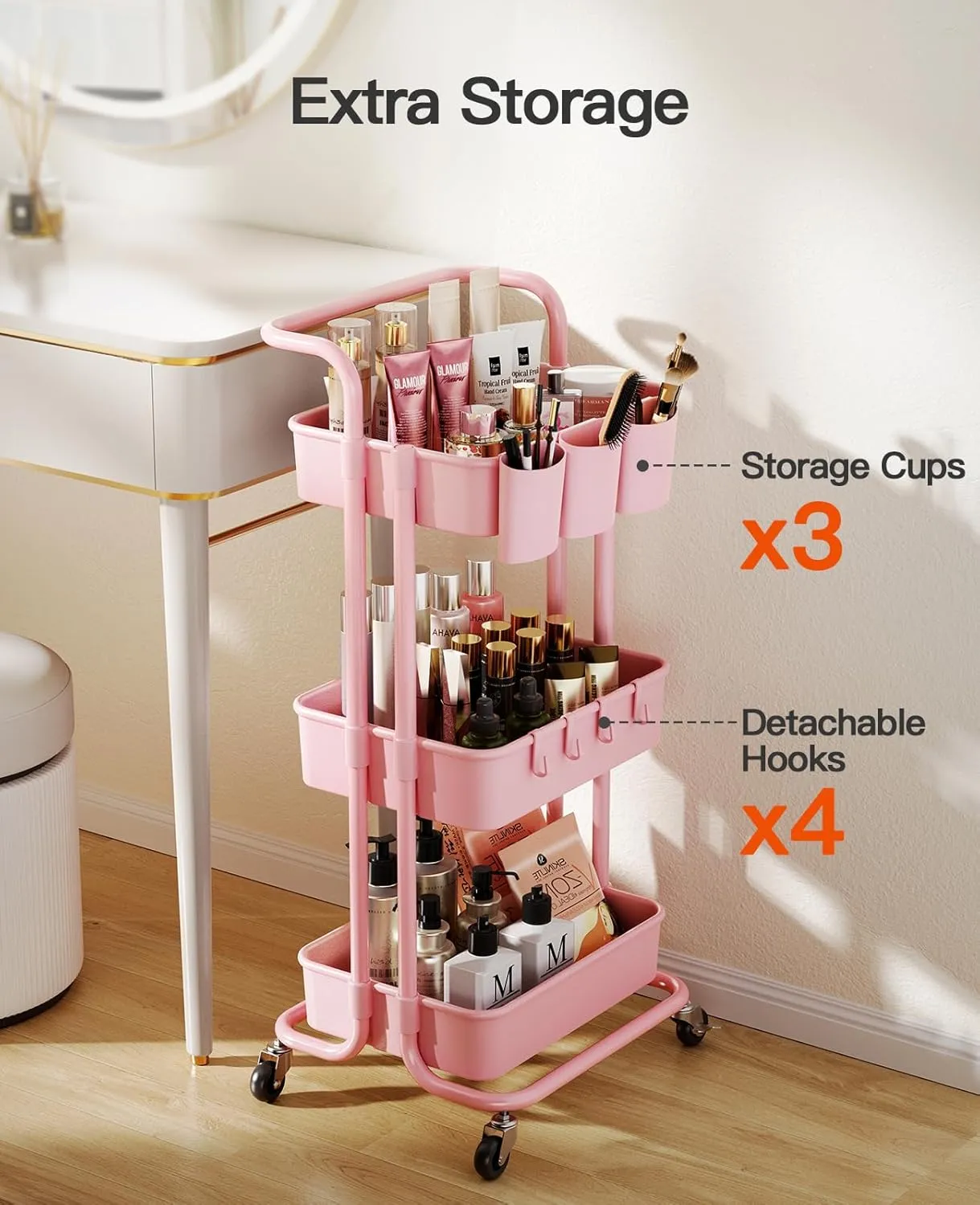 Pipishell 3-Tier Rolling Cart with Wheels, 3 Hanging Cups & 4 Hooks, Mobile Art & Craft Cart Organizer for Office, Kitchen, Craft Room, Pink, PIUC06P