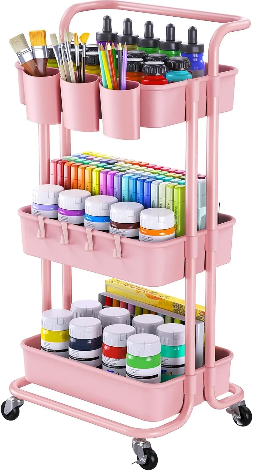 Pipishell 3-Tier Rolling Cart with Wheels, 3 Hanging Cups & 4 Hooks, Mobile Art & Craft Cart Organizer for Office, Kitchen, Craft Room, Pink, PIUC06P