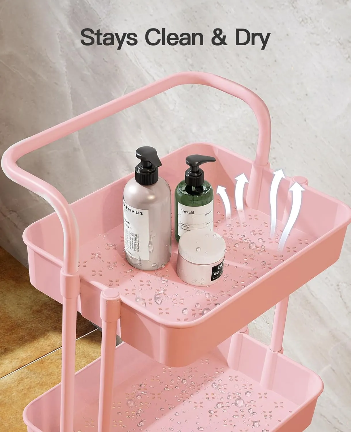 Pipishell 3-Tier Rolling Cart with Wheels, 3 Hanging Cups & 4 Hooks, Mobile Art & Craft Cart Organizer for Office, Kitchen, Craft Room, Pink, PIUC06P