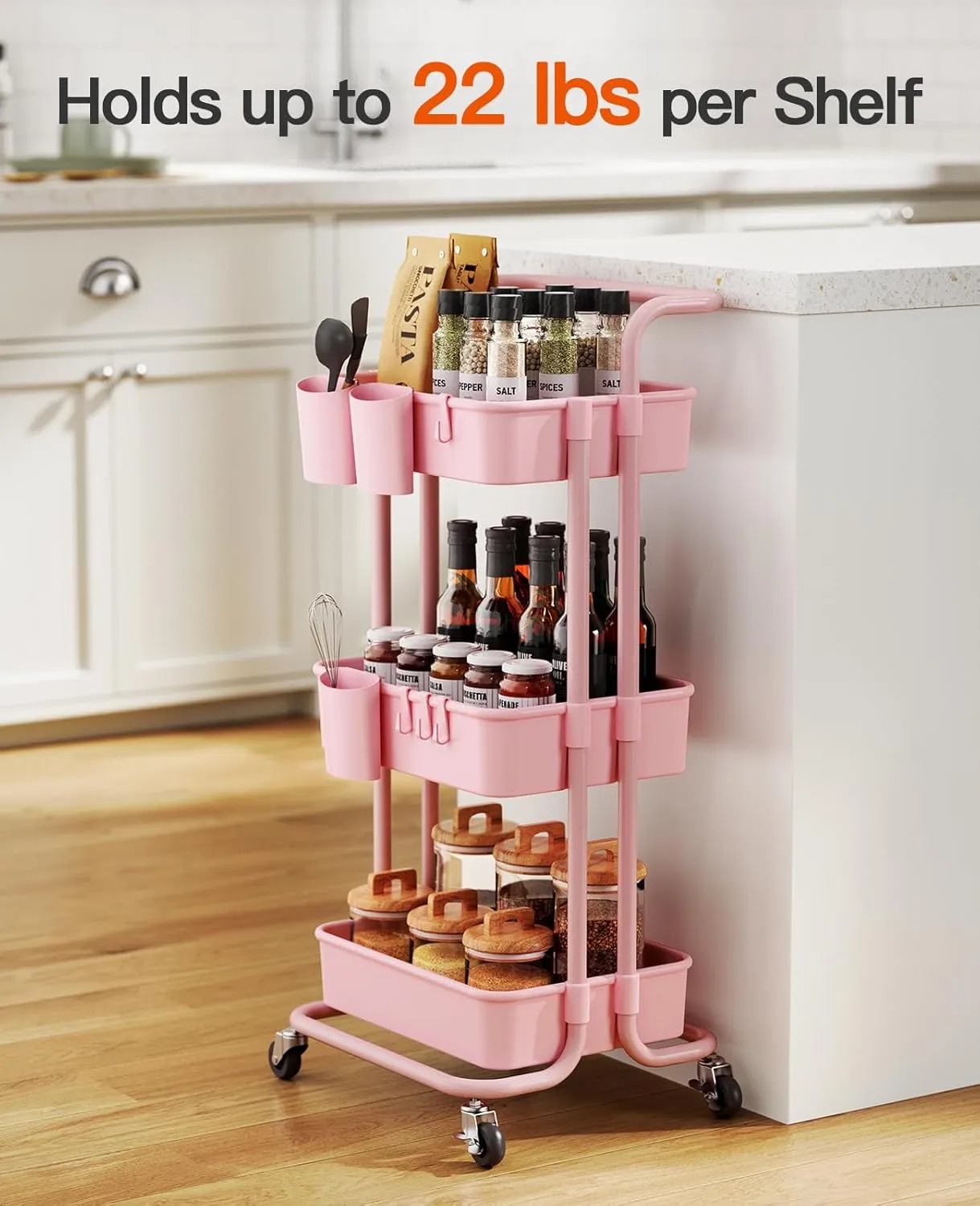 Pipishell 3-Tier Rolling Cart with Wheels, 3 Hanging Cups & 4 Hooks, Mobile Art & Craft Cart Organizer for Office, Kitchen, Craft Room, Pink, PIUC06P