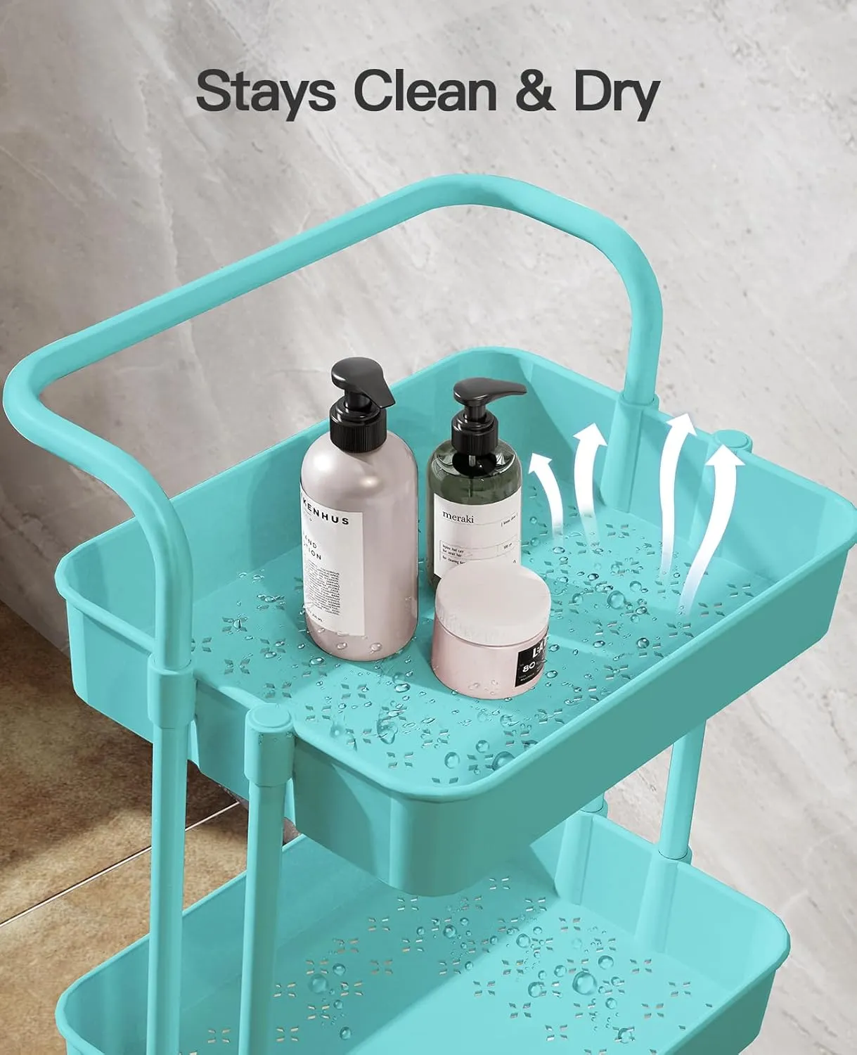 Pipishell 3-Tier Rolling Cart with Wheels, 3 Hanging Cups & 4 Hooks, Mobile Art & Craft Cart Organizer for Office, Kitchen, Craft Room, Turquoise, PIUC06TB
