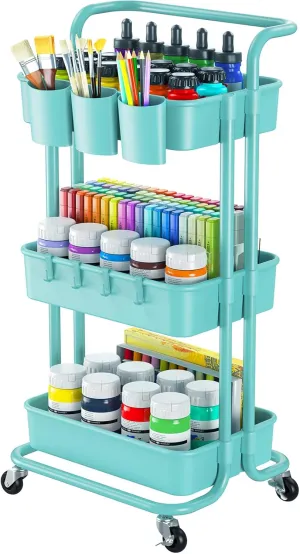Pipishell 3-Tier Rolling Cart with Wheels, 3 Hanging Cups & 4 Hooks, Mobile Art & Craft Cart Organizer for Office, Kitchen, Craft Room, Turquoise, PIUC06TB