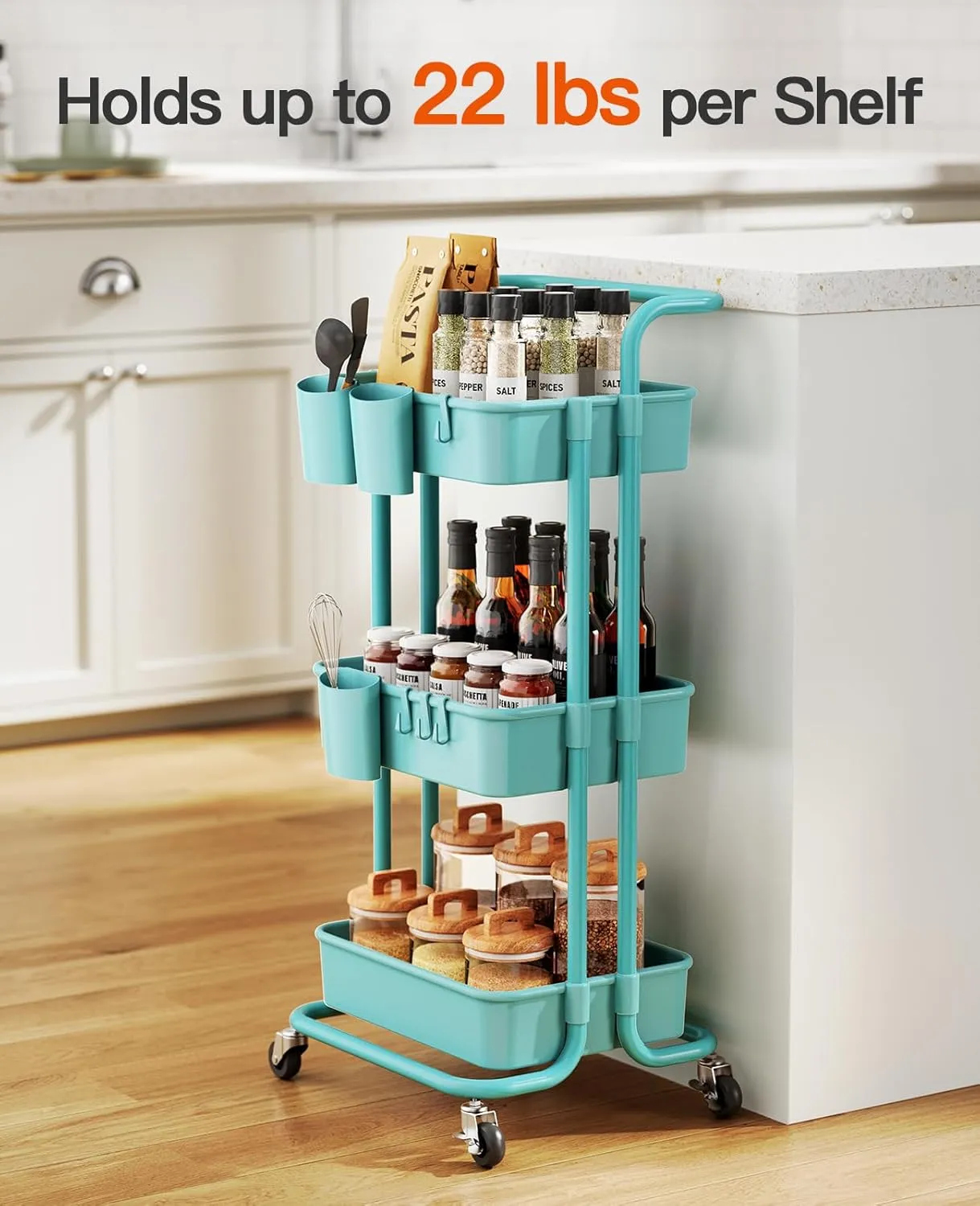 Pipishell 3-Tier Rolling Cart with Wheels, 3 Hanging Cups & 4 Hooks, Mobile Art & Craft Cart Organizer for Office, Kitchen, Craft Room, Turquoise, PIUC06TB