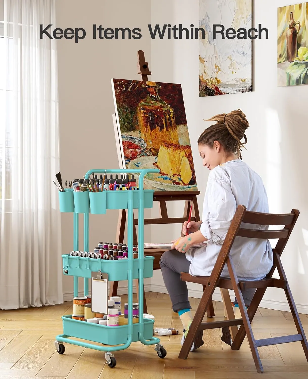 Pipishell 3-Tier Rolling Cart with Wheels, 3 Hanging Cups & 4 Hooks, Mobile Art & Craft Cart Organizer for Office, Kitchen, Craft Room, Turquoise, PIUC06TB