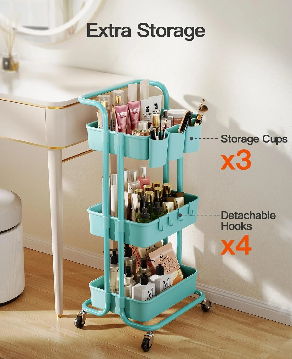 Pipishell 3-Tier Rolling Cart with Wheels, 3 Hanging Cups & 4 Hooks, Mobile Art & Craft Cart Organizer for Office, Kitchen, Craft Room, Turquoise, PIUC06TB