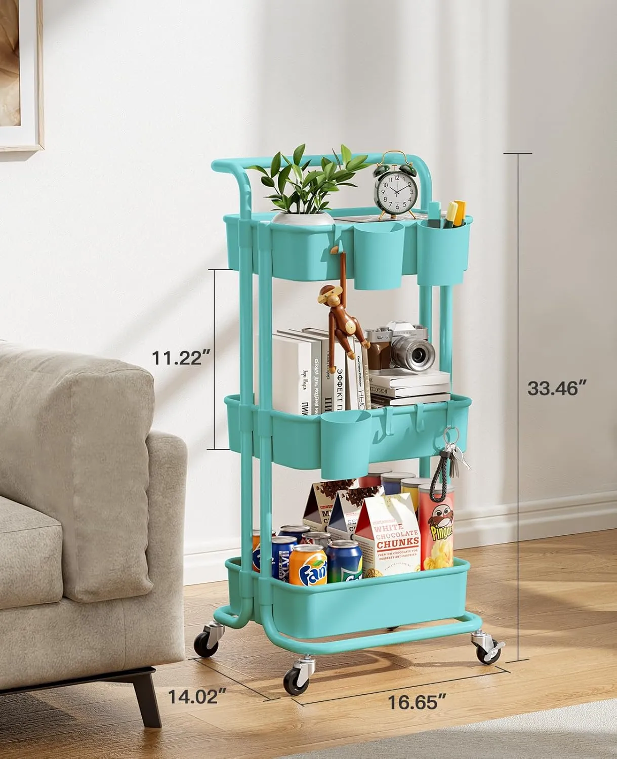 Pipishell 3-Tier Rolling Cart with Wheels, 3 Hanging Cups & 4 Hooks, Mobile Art & Craft Cart Organizer for Office, Kitchen, Craft Room, Turquoise, PIUC06TB