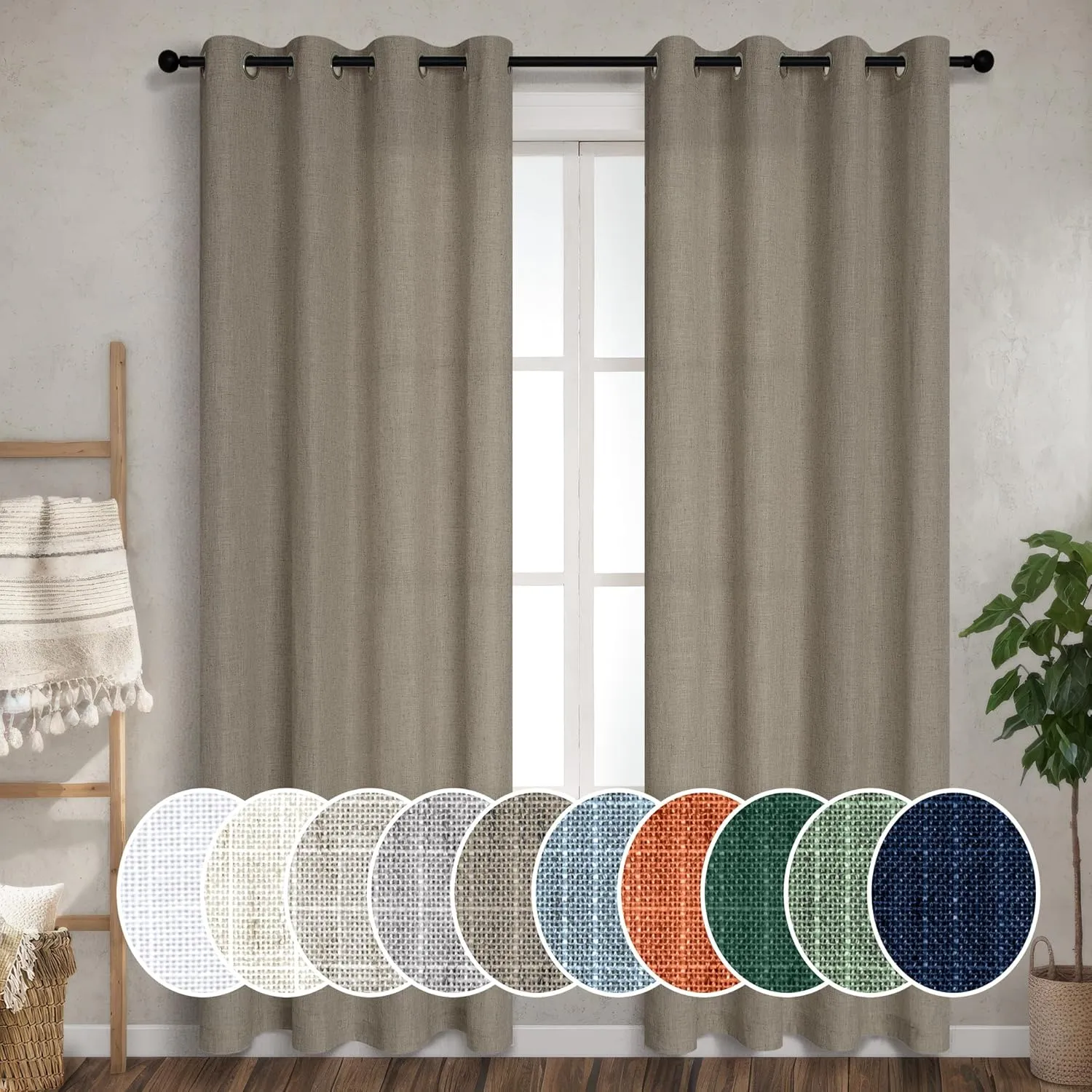 Pitalk Dark Taupe Linen Curtains for Living Room Drapes 108 Inches Long Grommet Neutral Farmhouse Country Curtains Window Treatments Brown Curtain for Bedroom Patio Door Cabin 2 Panels W52 x L108
