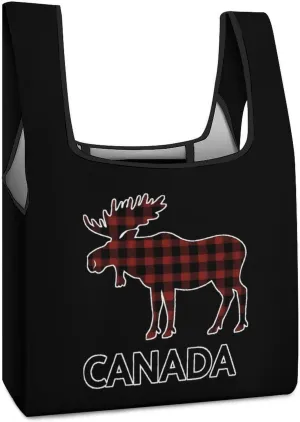 Plaid Moose Animal Silhouette Canada Shopping Bag Reusable Grocery Tote Bag Foldable Handbag with Handle for Travel Picnic