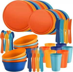 Plastic Dinnerware Sets – 40-Piece Colorful Plates and Bowls Set for 8, Reusable Unbreakable Fiesta Style Party Dishes with Cups, Knives, Forks and Spoons, for Outdoor, Picnic or Everyday Use