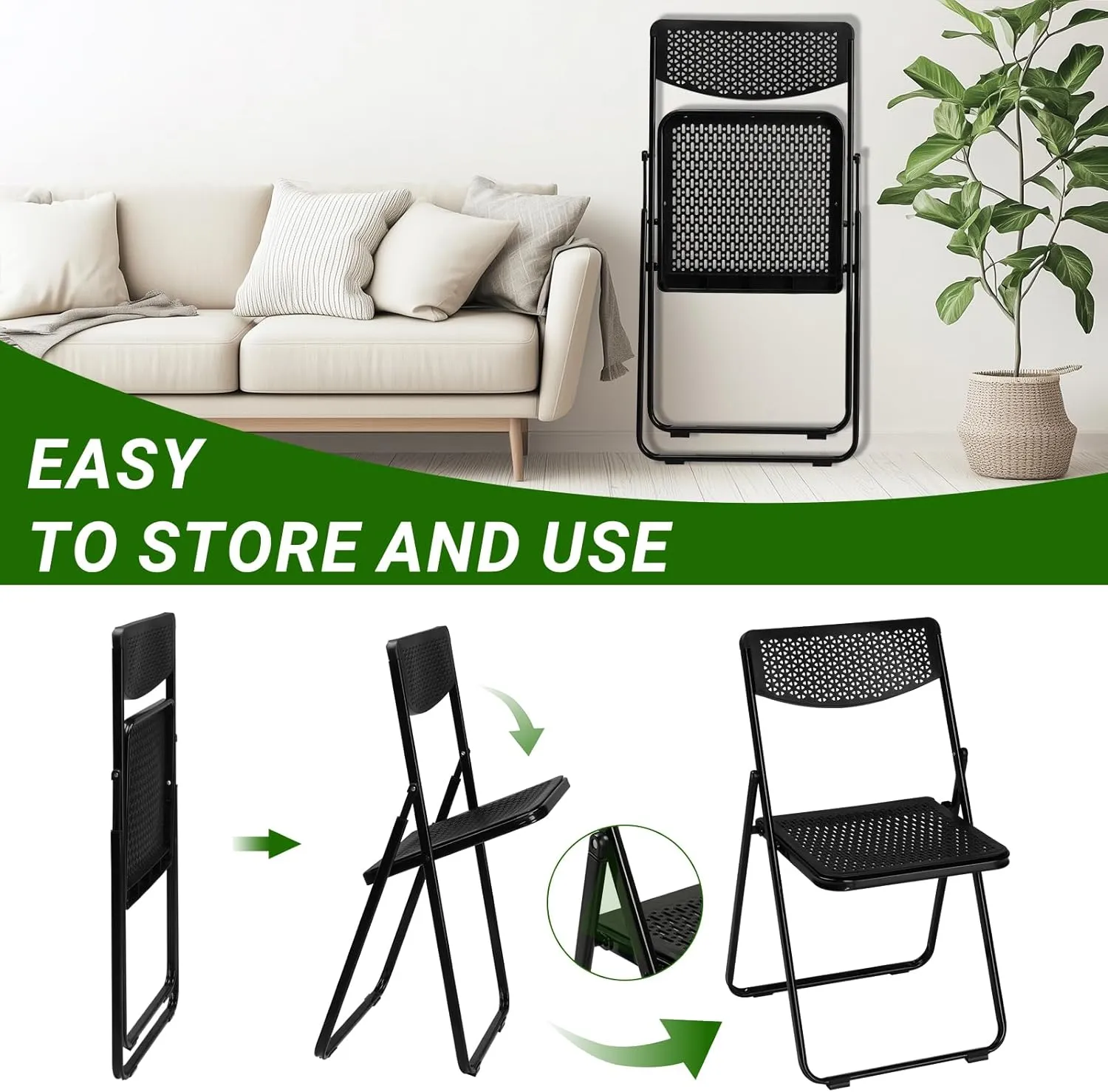 Plastic Folding Chairs, Exceptional Comfort, for Living Room, Dining Room, Bedroom, Study(17"x 17"x 32.7"). (4, Black)