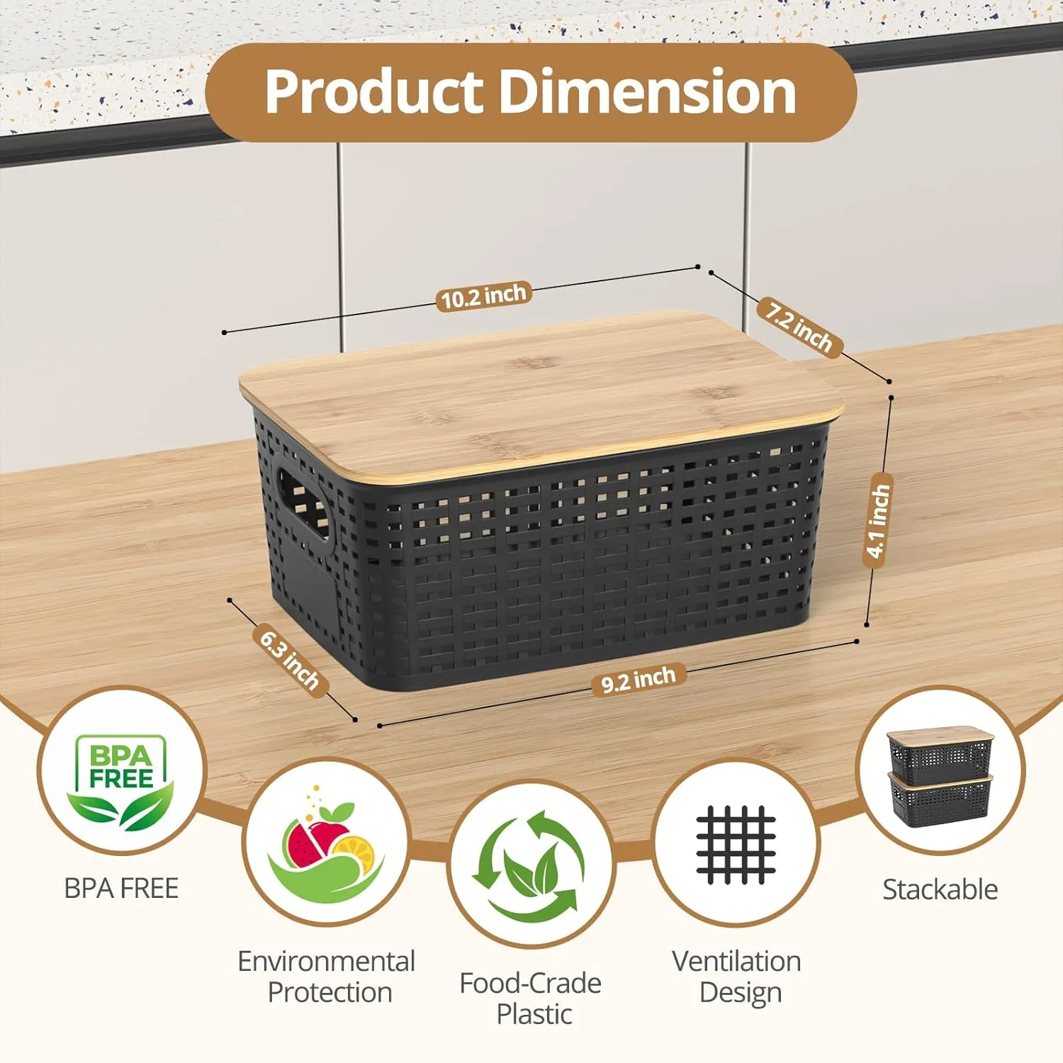 Plastic Storage Baskets with Bamboo Lids, Stackable Small Box Bins for Organizing and Containers for Shelves Drawers Desktop Closet Pantry Classroom Office Home, 6 Pack 10.2x7.2x4.1 Inch, Black