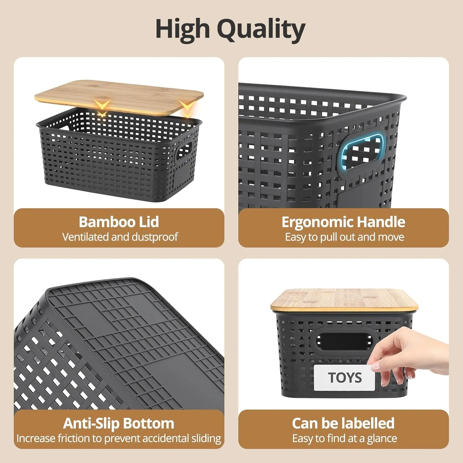 Plastic Storage Baskets with Bamboo Lids, Stackable Small Box Bins for Organizing and Containers for Shelves Drawers Desktop Closet Pantry Classroom Office Home, 6 Pack 10.2x7.2x4.1 Inch, Black