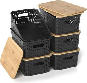 Plastic Storage Baskets with Bamboo Lids, Stackable Small Box Bins for Organizing and Containers for Shelves Drawers Desktop Closet Pantry Classroom Office Home, 6 Pack 10.2x7.2x4.1 Inch, Black