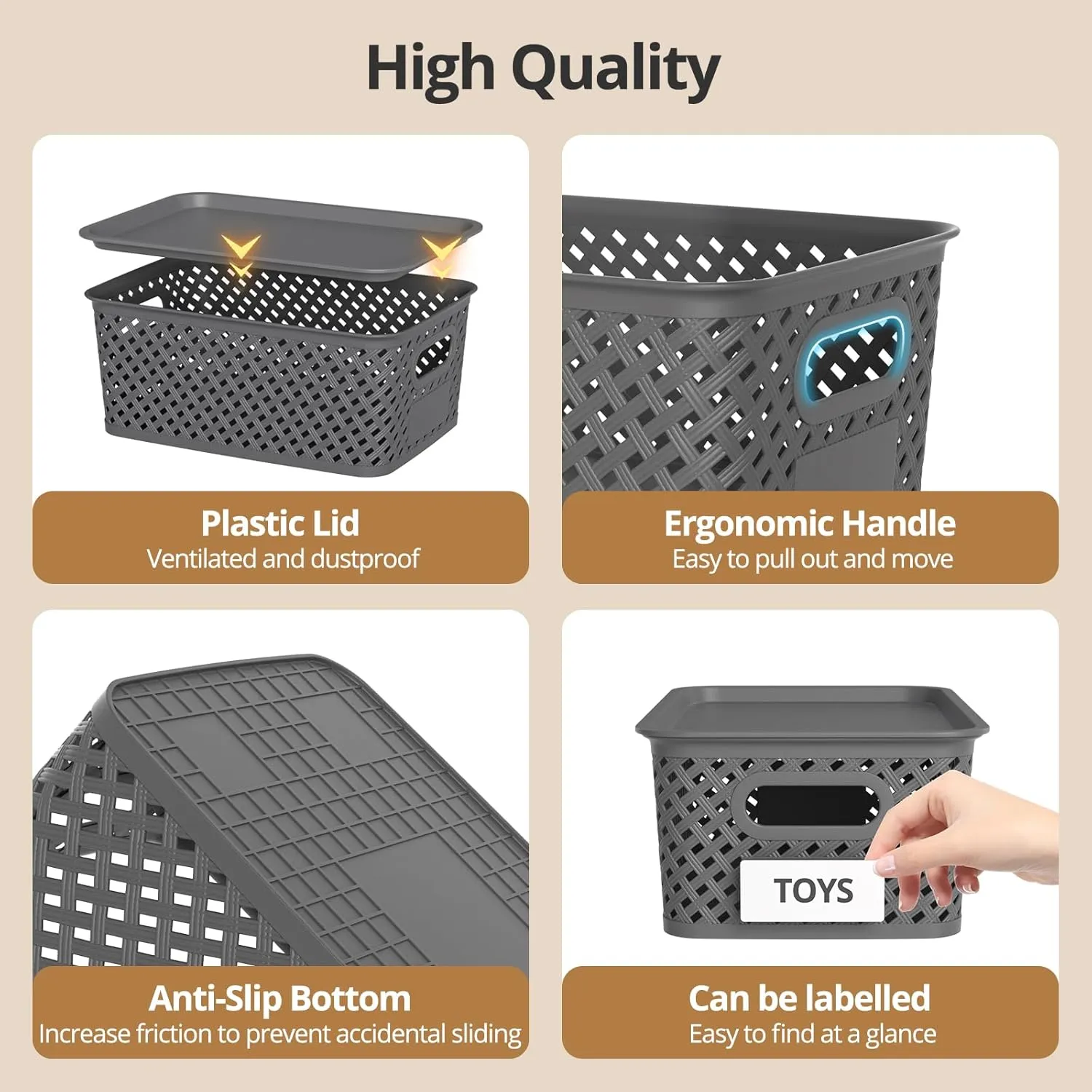 Plastic Storage Bins with Lids, Stackable Small Box Basket for Organizing and Containers for Shelves Drawers Desktop Closet Playroom Pantry Classroom Office Home, 8-pack 10.2x7.2x4.1 Inch, Gray