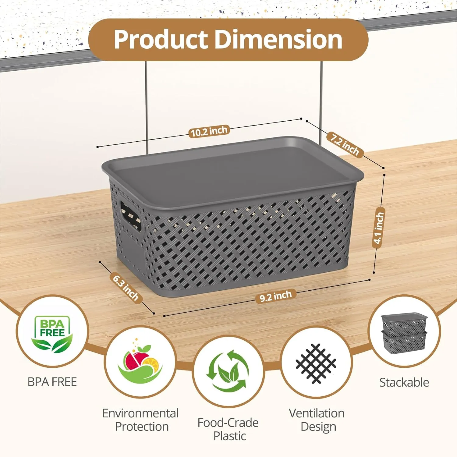 Plastic Storage Bins with Lids, Stackable Small Box Basket for Organizing and Containers for Shelves Drawers Desktop Closet Playroom Pantry Classroom Office Home, 8-pack 10.2x7.2x4.1 Inch, Gray