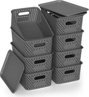 Plastic Storage Bins with Lids, Stackable Small Box Basket for Organizing and Containers for Shelves Drawers Desktop Closet Playroom Pantry Classroom Office Home, 8-pack 10.2x7.2x4.1 Inch, Gray