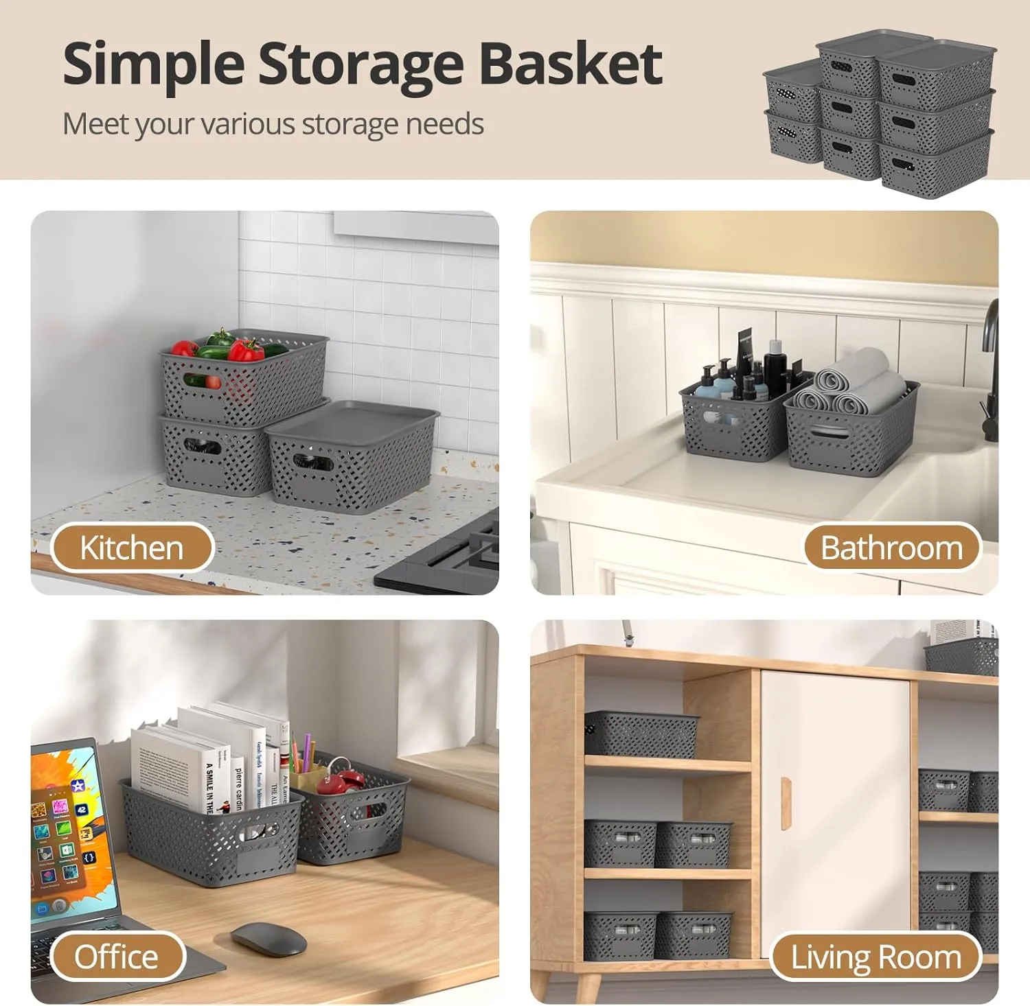 Plastic Storage Bins with Lids, Stackable Small Box Basket for Organizing and Containers for Shelves Drawers Desktop Closet Playroom Pantry Classroom Office Home, 8-pack 10.2x7.2x4.1 Inch, Gray
