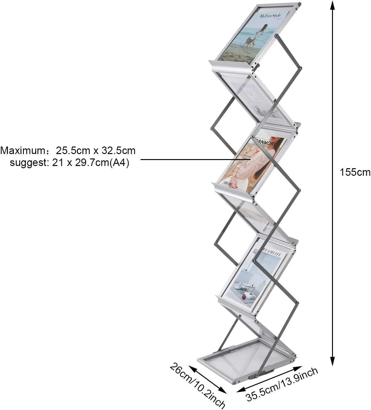Polmart 6-Tier Brochure Display Stand Heavy Literature Magazine Display Rack with Adjustable Pockets. Portable Collapsible Design with Carry Bag for Trade Shows, Offices, Retail Stores (Silver)