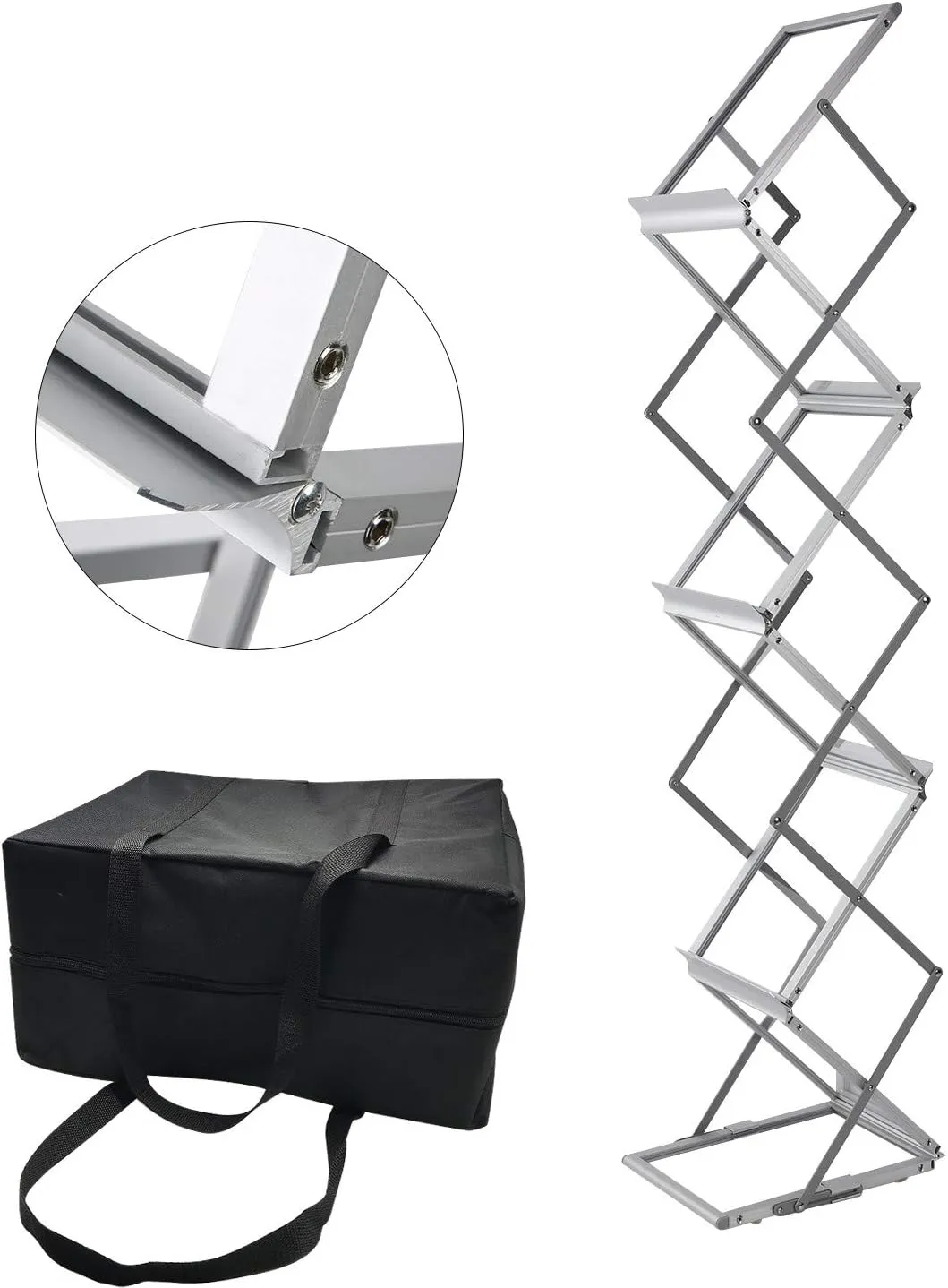 Polmart 6-Tier Brochure Display Stand Heavy Literature Magazine Display Rack with Adjustable Pockets. Portable Collapsible Design with Carry Bag for Trade Shows, Offices, Retail Stores (Silver)
