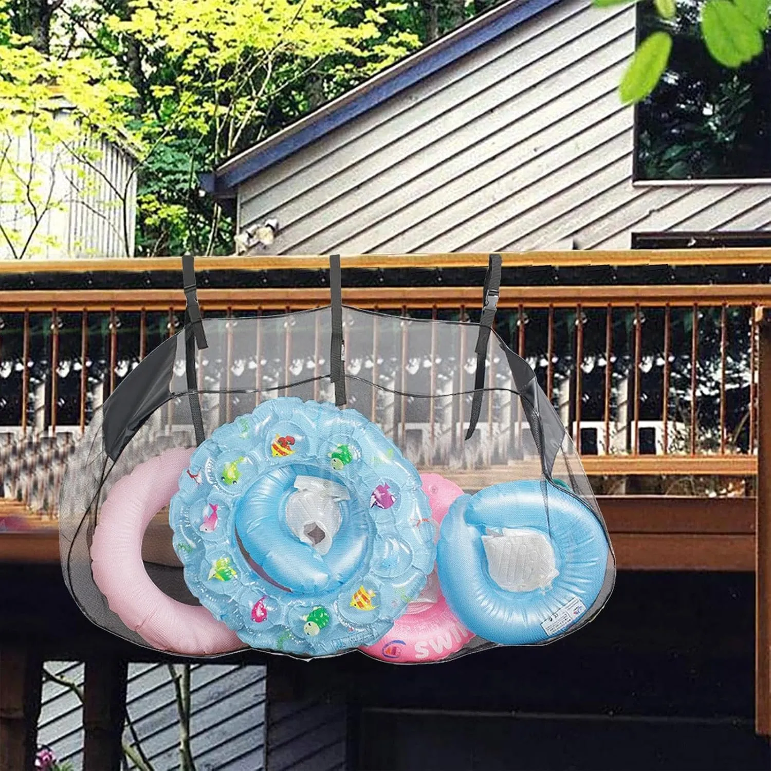 Pool Float Storage Bag - Adjustable Foldable Swimming Pool Hanging Mesh Organizer - Pool Toy Storage Swimming Pool Bag Large Hanging Net Bag for Toys, rafts, Noodles, Sports Balls