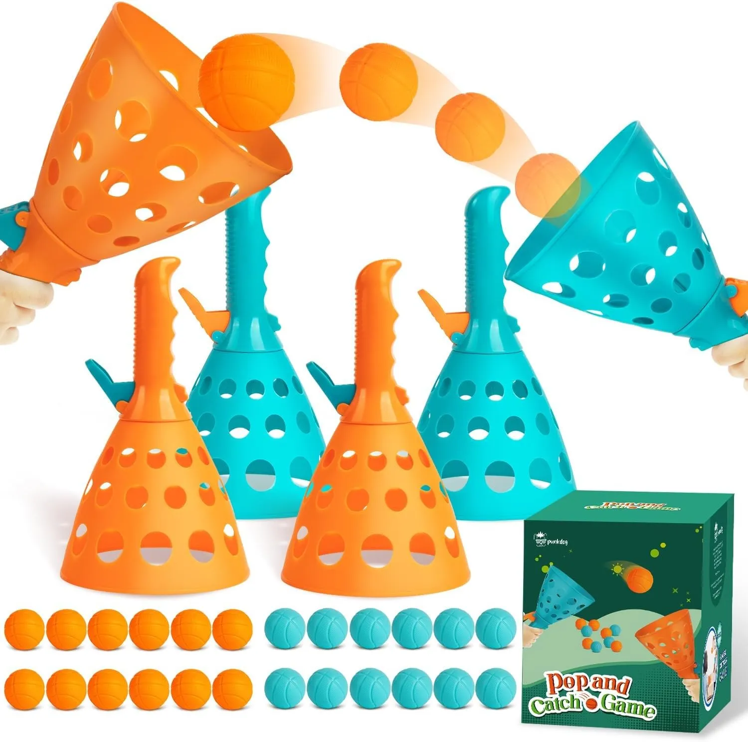 Pop and Catch Ball Game with 24 Balls and 4 Catch Launcher Baskets - Outdoor Indoor Game Activities, Easter Basket Stuffers Gifts Beach Sport Summer Beach Toys for Kids Ages 4 5 6 7 8 10 12 