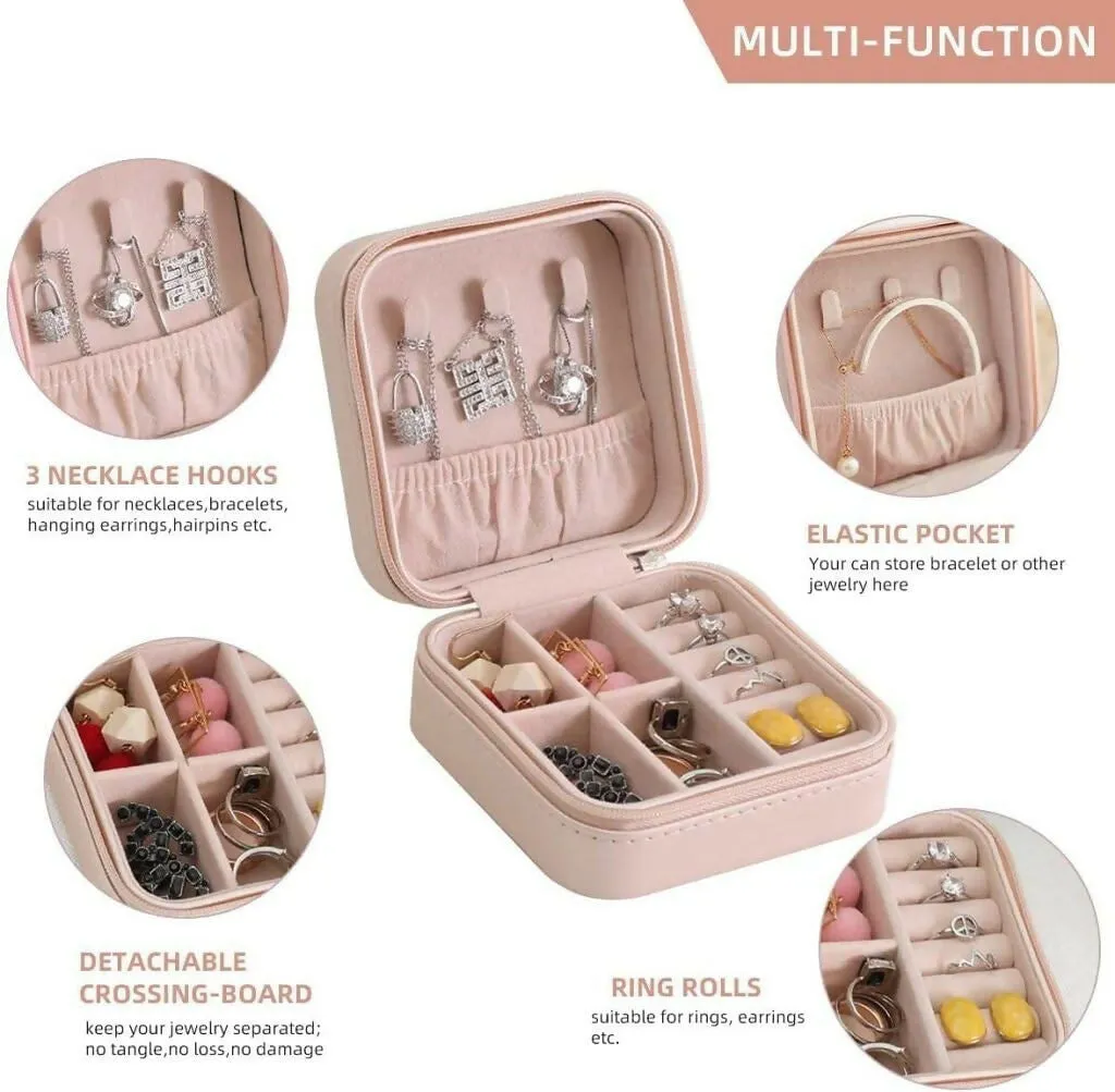 Portable Organizer Box Leather Mini Travel Jewelry Case (Pink)