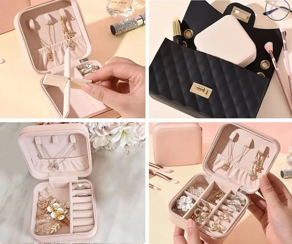 Portable Organizer Box Leather Mini Travel Jewelry Case (Pink)