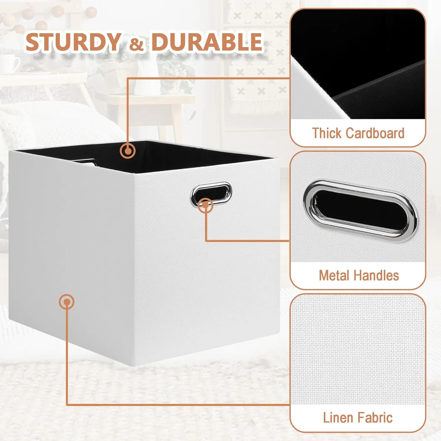 Posprica 13x15x13in Collapsible Storage Bins, Fabric Foldable Cube Storage Boxes, Decorative Storage Baskets Organizer for IKEA Kallax, Shelves, Closet, Clothes, Toy, Set of 4-White