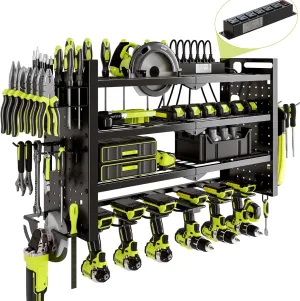 Power Tool Organizer Wall Mount with Charging Station 4 Layer 6 Slot Cordless Drill Holder with Angle Grinder Holder (Black)