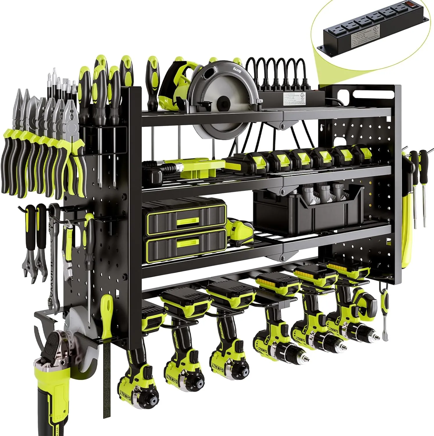 Power Tool Organizer Wall Mount with Charging Station 4 Layer 6 Slot Cordless Drill Holder with Angle Grinder Holder (Black)