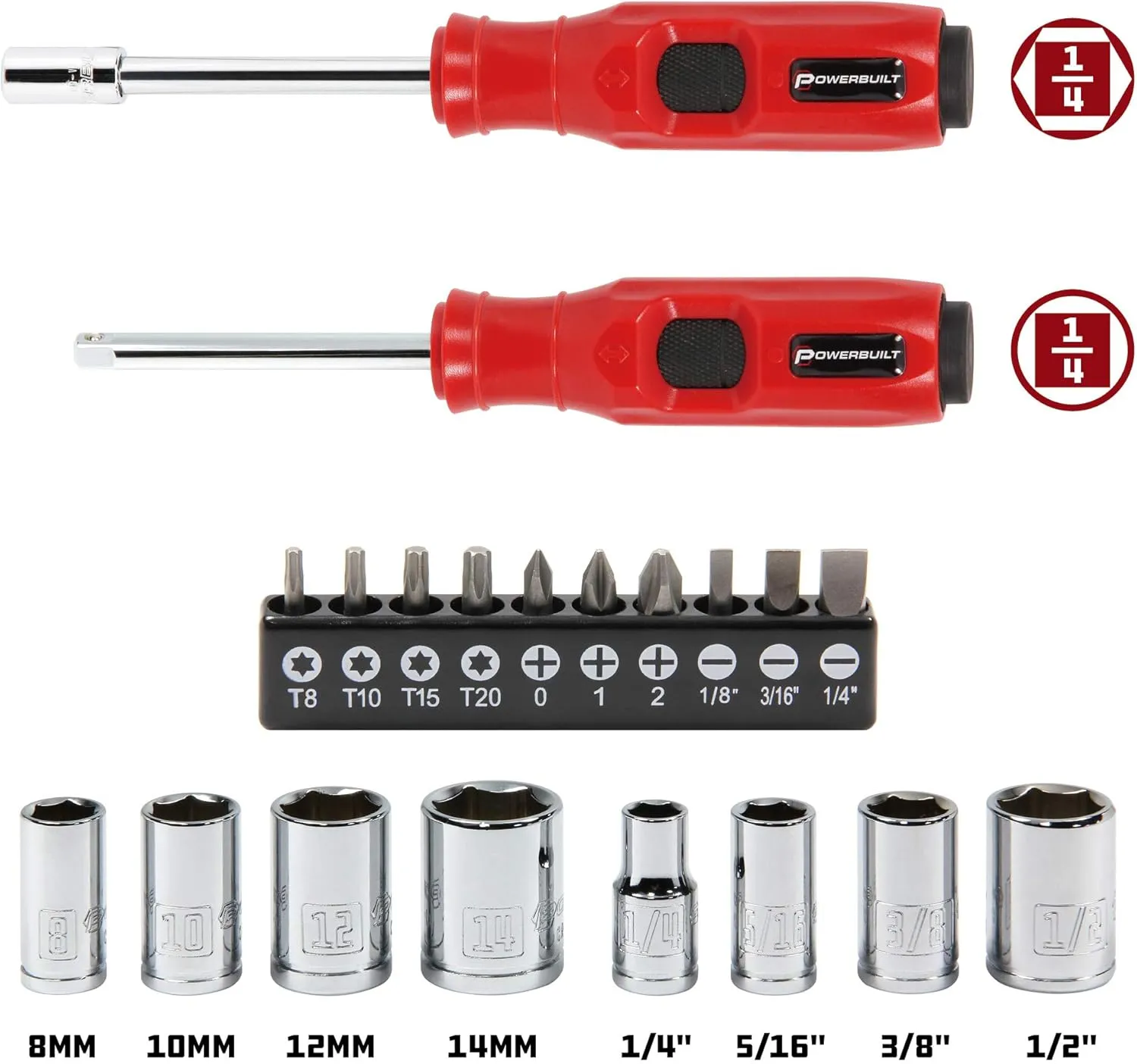 Powerbuilt 1/4" Dr. 20 Pc. Impact Bit Screwdriver and Nut Driver Set, Includes SAE, Metric Sockets, Phillips, Slotted, Star Bits, Adapter- 647768e65