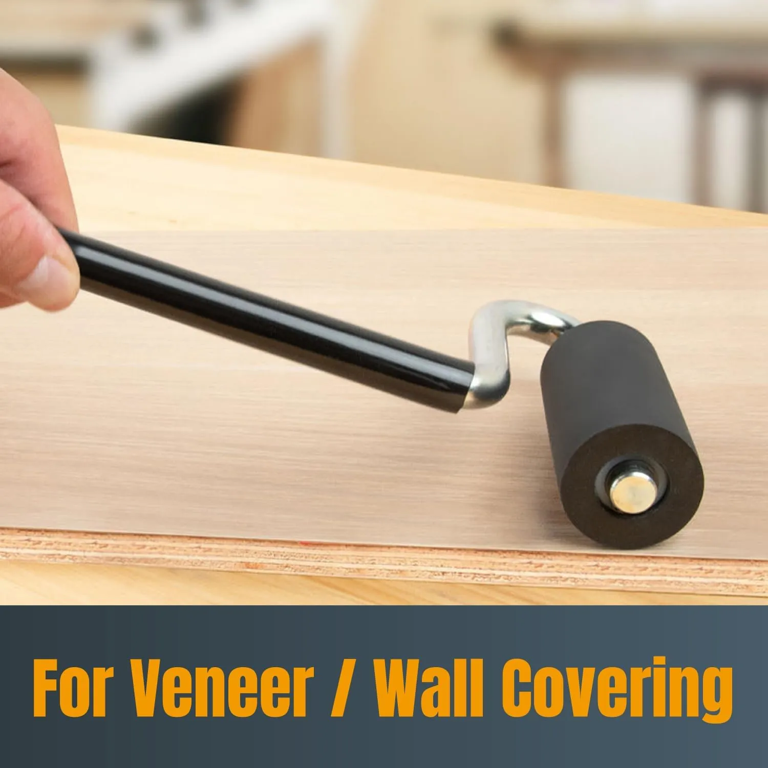 POWERTEC 12" Long Handle J Roller, 1-1/2 Inch Diameter, 3 Inch Wide, Laminate & Veneer Rubber Roller Tool for Edge Banding, Wall Coverings, 1PK (71010)
