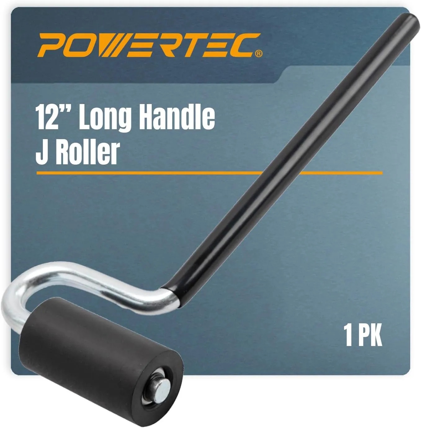 POWERTEC 12" Long Handle J Roller, 1-1/2 Inch Diameter, 3 Inch Wide, Laminate & Veneer Rubber Roller Tool for Edge Banding, Wall Coverings, 1PK (71010)