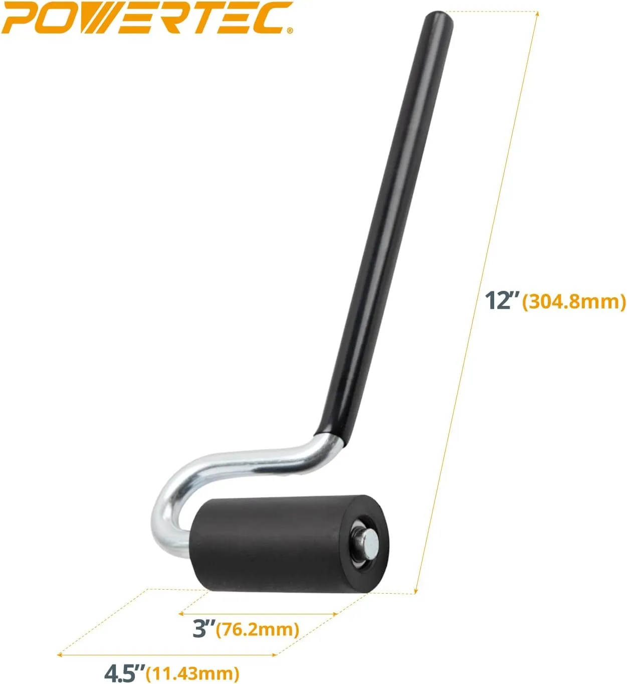 POWERTEC 12" Long Handle J Roller, 1-1/2 Inch Diameter, 3 Inch Wide, Laminate & Veneer Rubber Roller Tool for Edge Banding, Wall Coverings, 1PK (71010)
