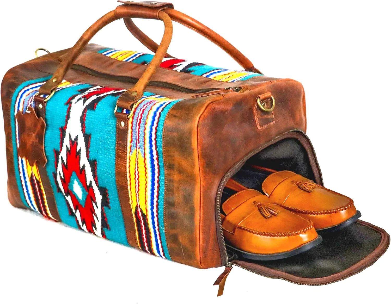 Premium Handmade Duffle Bag leather heavy duty Gym Sports Airplane Overnight Luggage Carry On Unisex Travel Hand woven Rug Bag Wollen Bag Gift for His/Her MO3