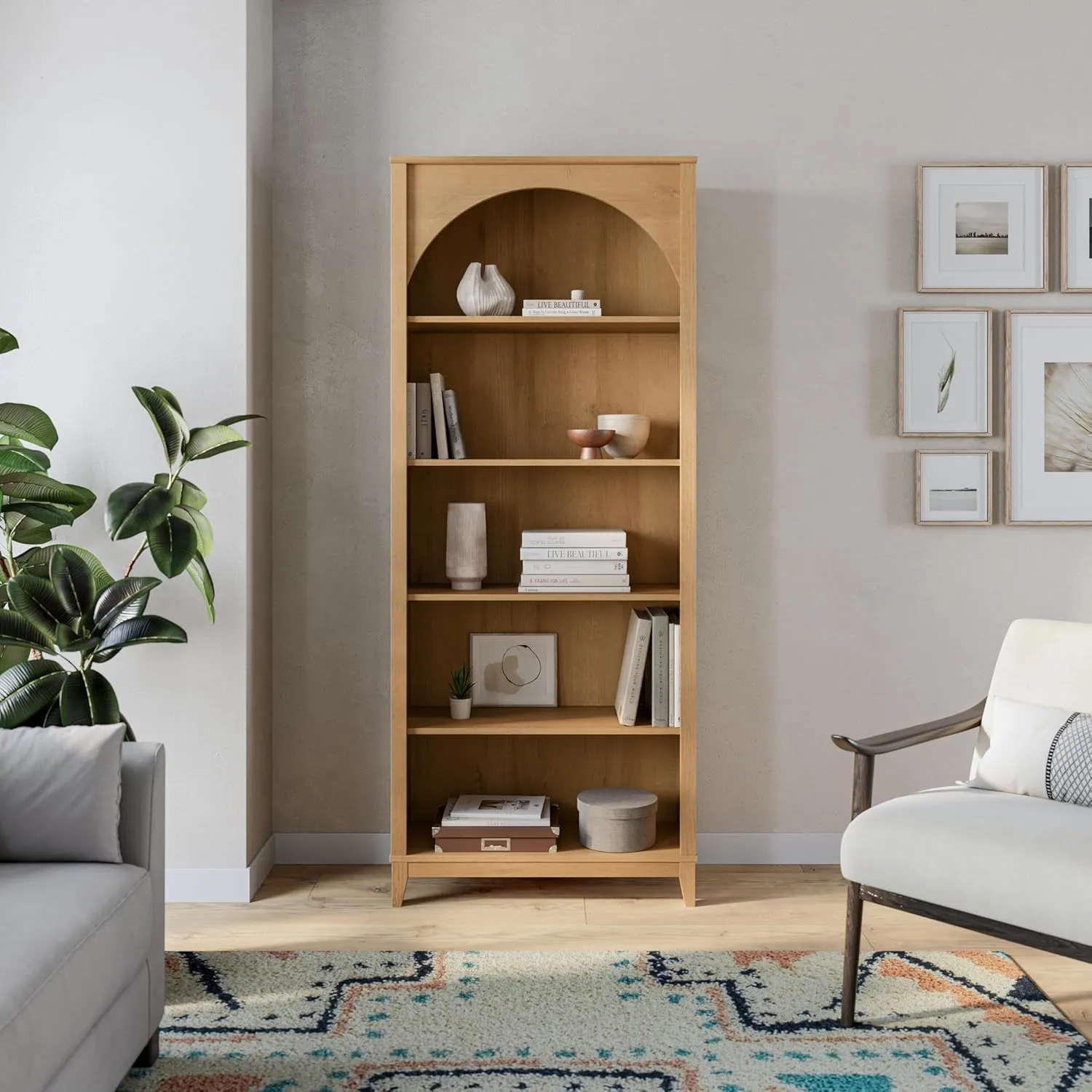 Prepac Ark 78" Tall 5-Tier Arched Bookcase in Natural Oak, Modern Storage Accent Bookshelf with 3 Adjustable Shelves for Home, Office, Living Room, Bedroom