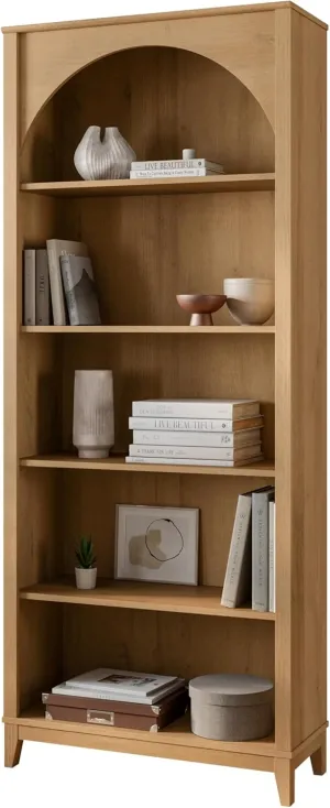 Prepac Ark 78" Tall 5-Tier Arched Bookcase in Natural Oak, Modern Storage Accent Bookshelf with 3 Adjustable Shelves for Home, Office, Living Room, Bedroom