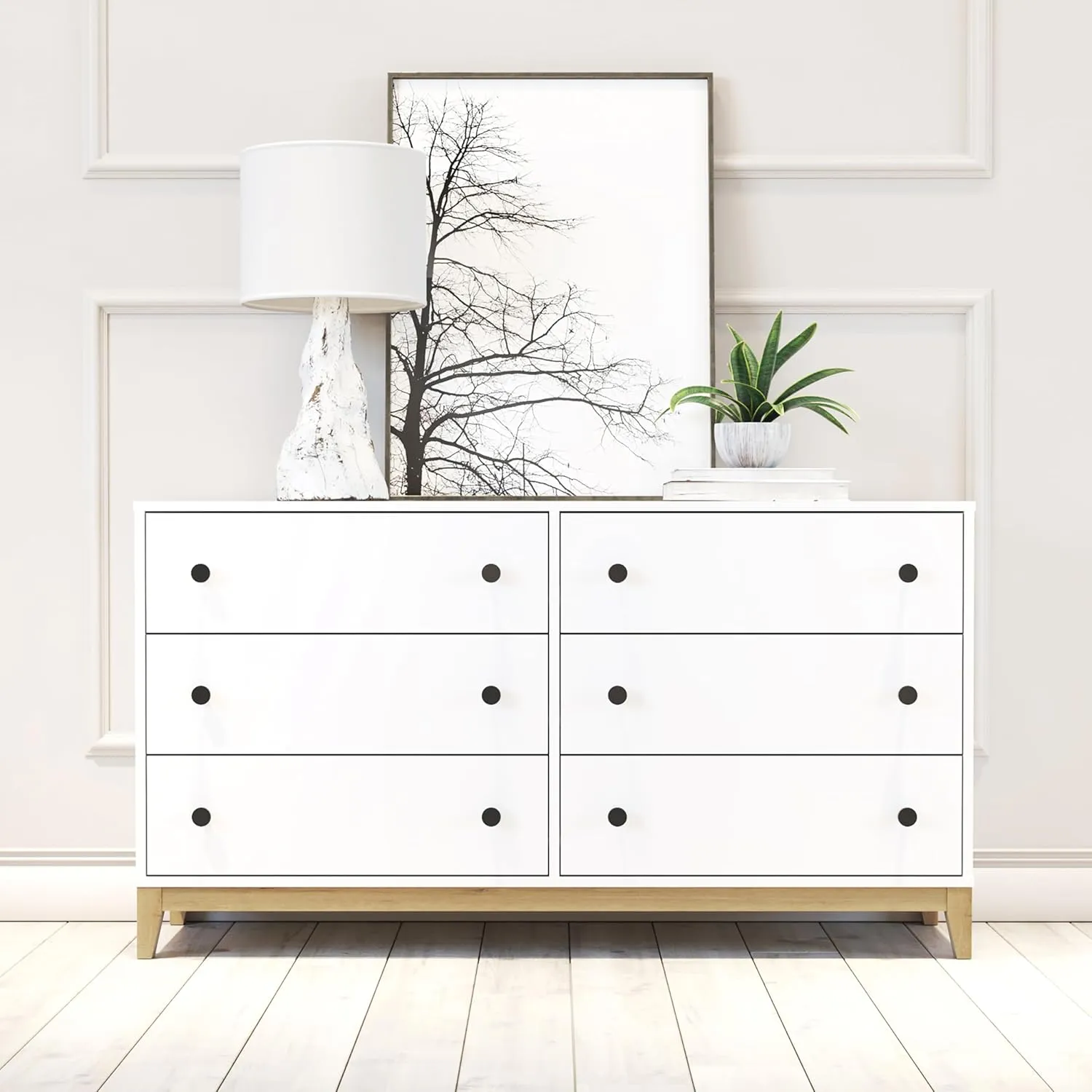Prepac Nordik Dresser, White & Oak Dresser for Bedroom, Chest of Drawers with 6 Drawers, 16" D x 54.75" W x 30" H, WODBR-2206-1