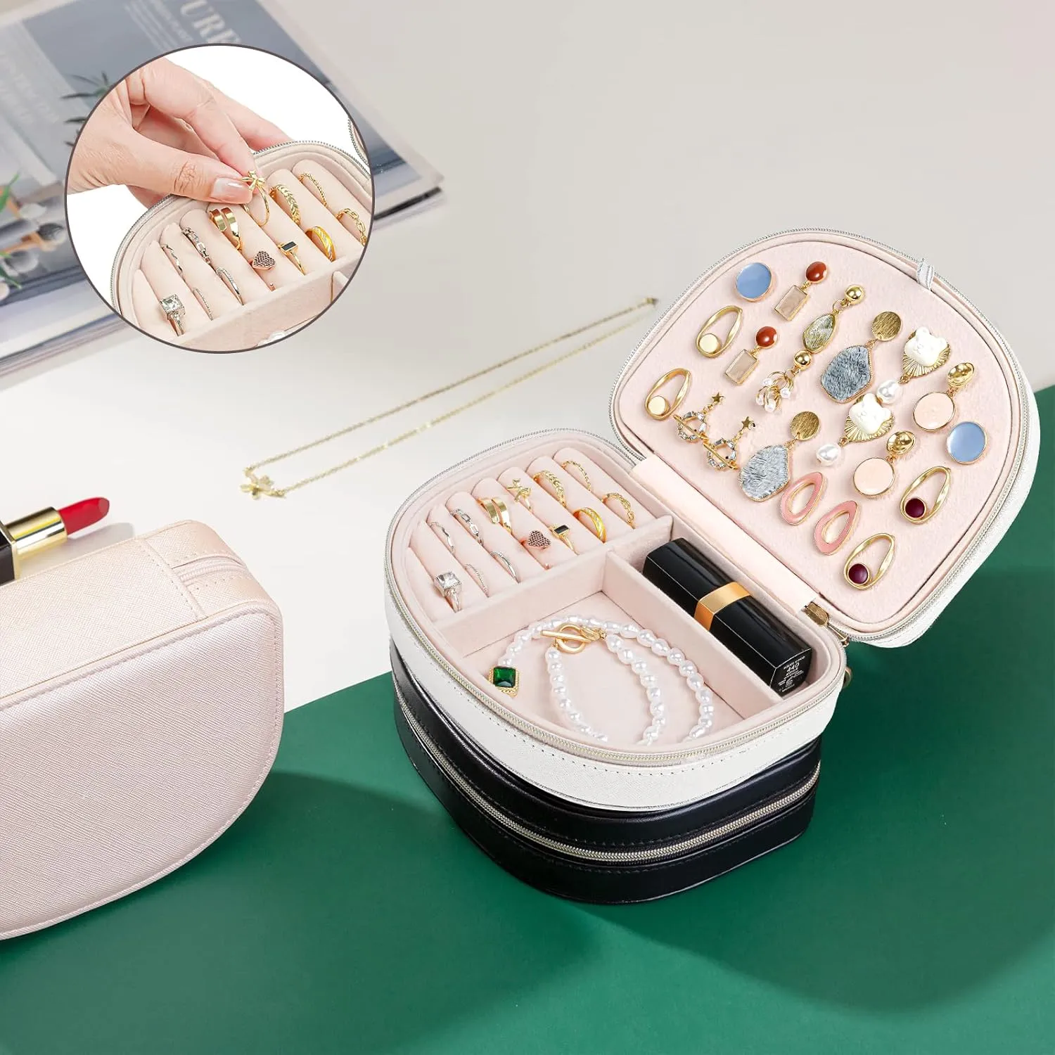 ProCase Travel Size Jewelry Box, Small Portable Seashell-Shaped Jewelry Case, 2 Layer Mini Jewelry Organizer in PU Leather for Women -White