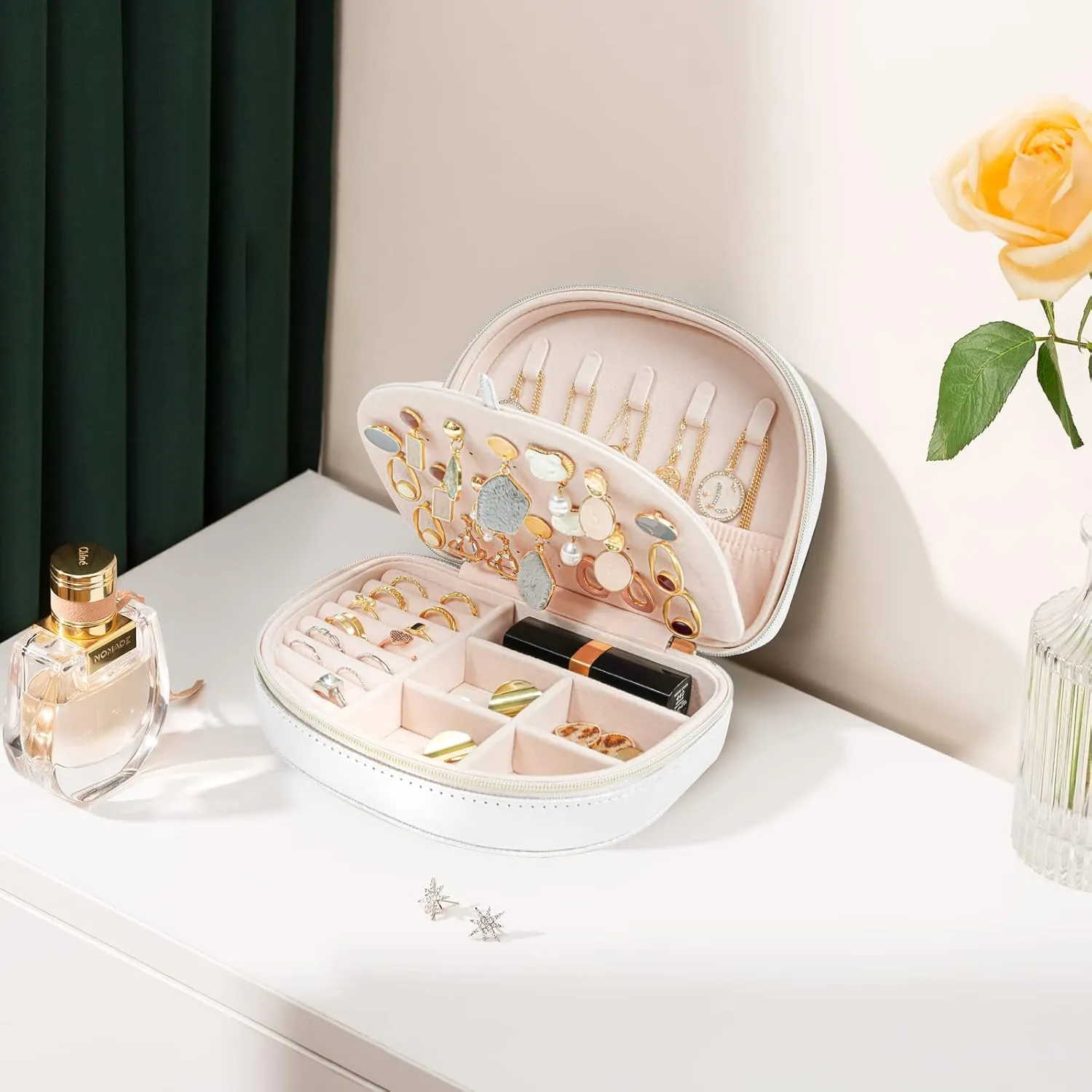 ProCase Travel Size Jewelry Box, Small Portable Seashell-Shaped Jewelry Case, 2 Layer Mini Jewelry Organizer in PU Leather for Women -White