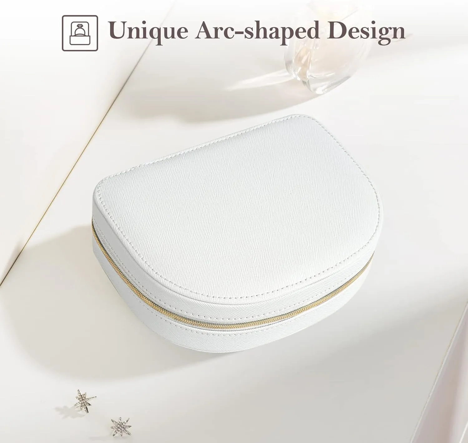 ProCase Travel Size Jewelry Box, Small Portable Seashell-Shaped Jewelry Case, 2 Layer Mini Jewelry Organizer in PU Leather for Women -White