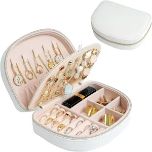 ProCase Travel Size Jewelry Box, Small Portable Seashell-Shaped Jewelry Case, 2 Layer Mini Jewelry Organizer in PU Leather for Women -White