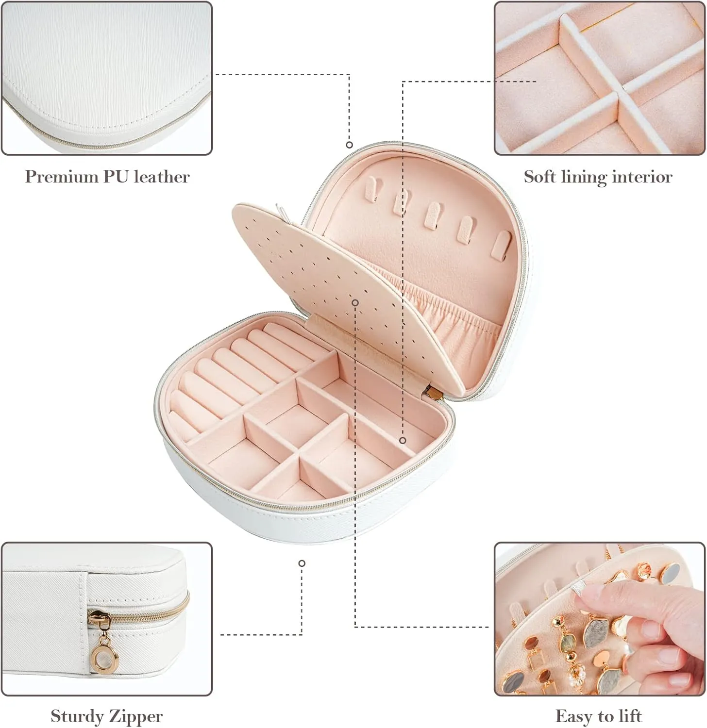 ProCase Travel Size Jewelry Box, Small Portable Seashell-Shaped Jewelry Case, 2 Layer Mini Jewelry Organizer in PU Leather for Women -White