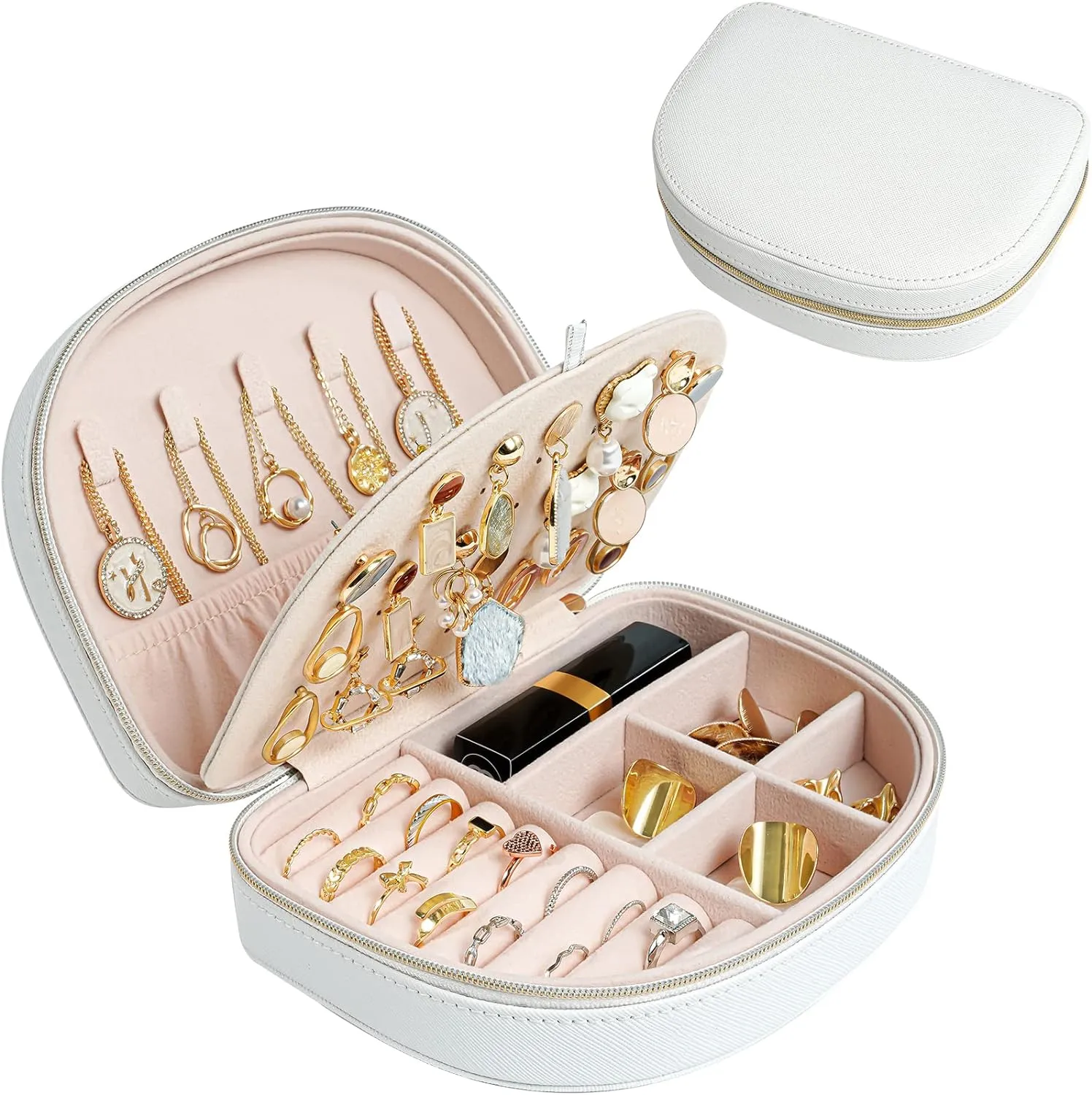 ProCase Travel Size Jewelry Box, Small Portable Seashell-Shaped Jewelry Case, 2 Layer Mini Jewelry Organizer in PU Leather for Women -White