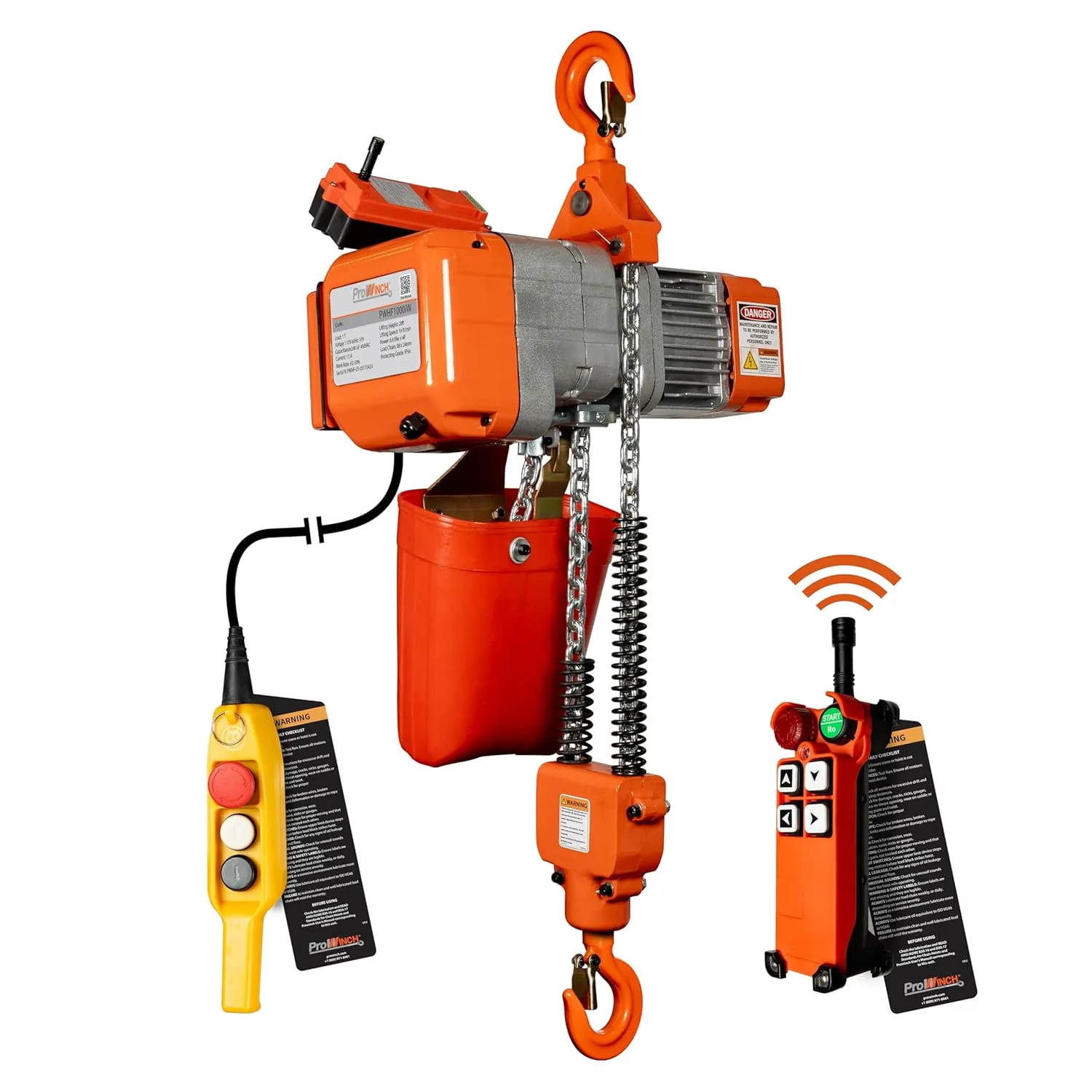 Prowinch 1 Ton (2200 lb) 220V 1-Speed Electric Chain Hoist with 20 ft. G80 Grade Chain, H2 Duty Rating, Wireless Remote Control for Efficient Lifting, Ideal for Industrial and Commercial Applications