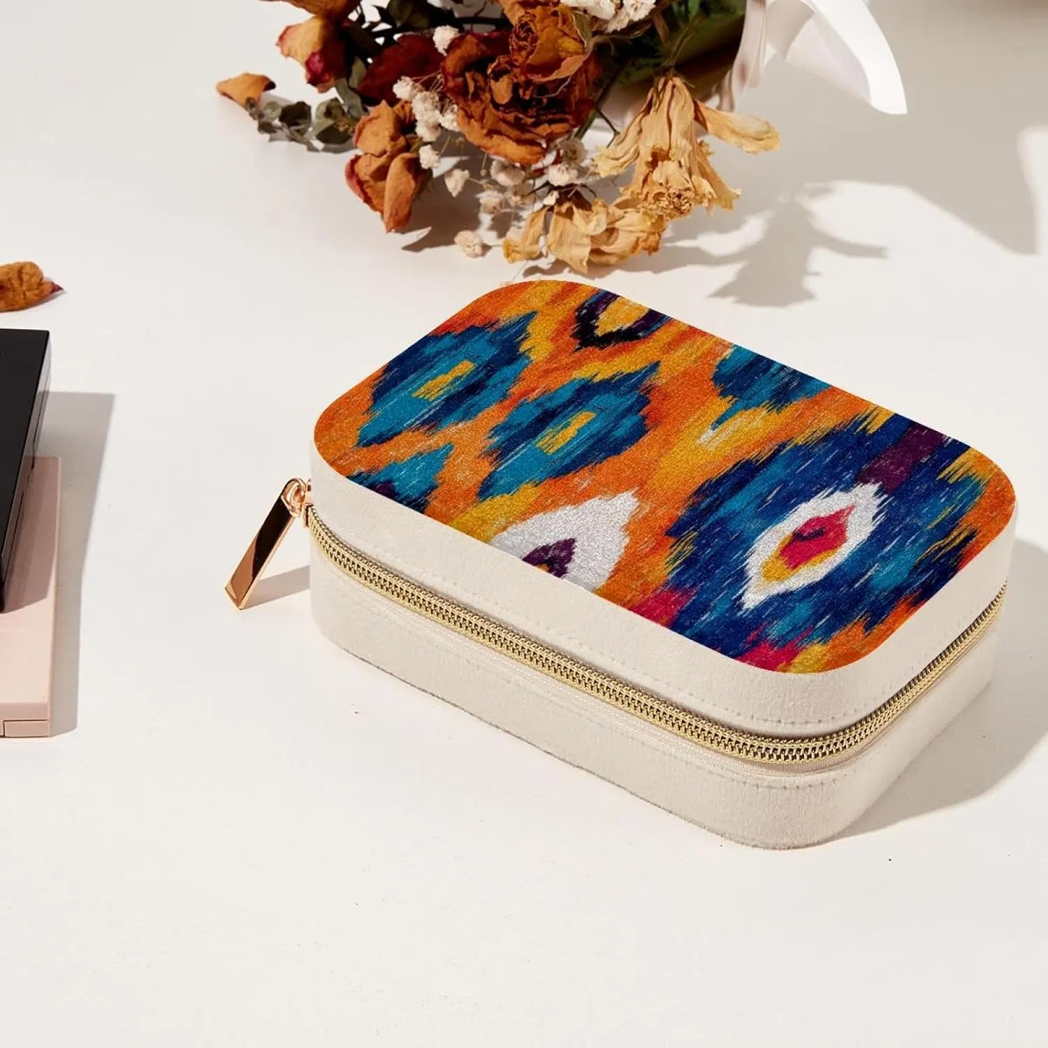 PU Leather Jewelry Box, Portable Organizer for Women Girls, Travel Case Display Storage Holder for Rings Earrings Necklaces - Ethnic Tribal Abstract Background