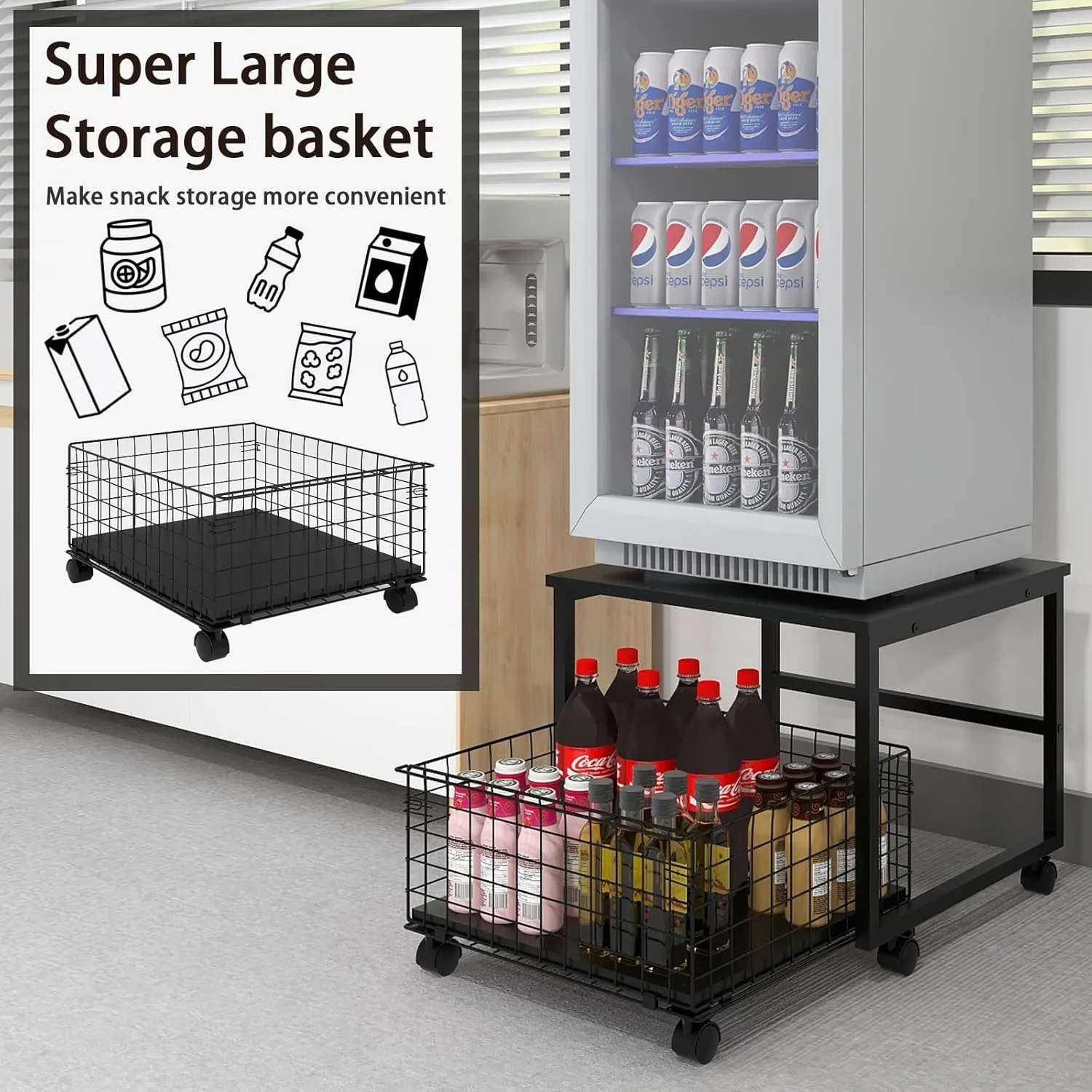 PUNCIA 19.7x19.7in Mobile Mini Fridge Stand with Large Capacity Storage Beverage Refrigerator Table with Wheels Rolling Compact Fridge Cart Heavy Duty Appliance Platform with Basket for Home Office